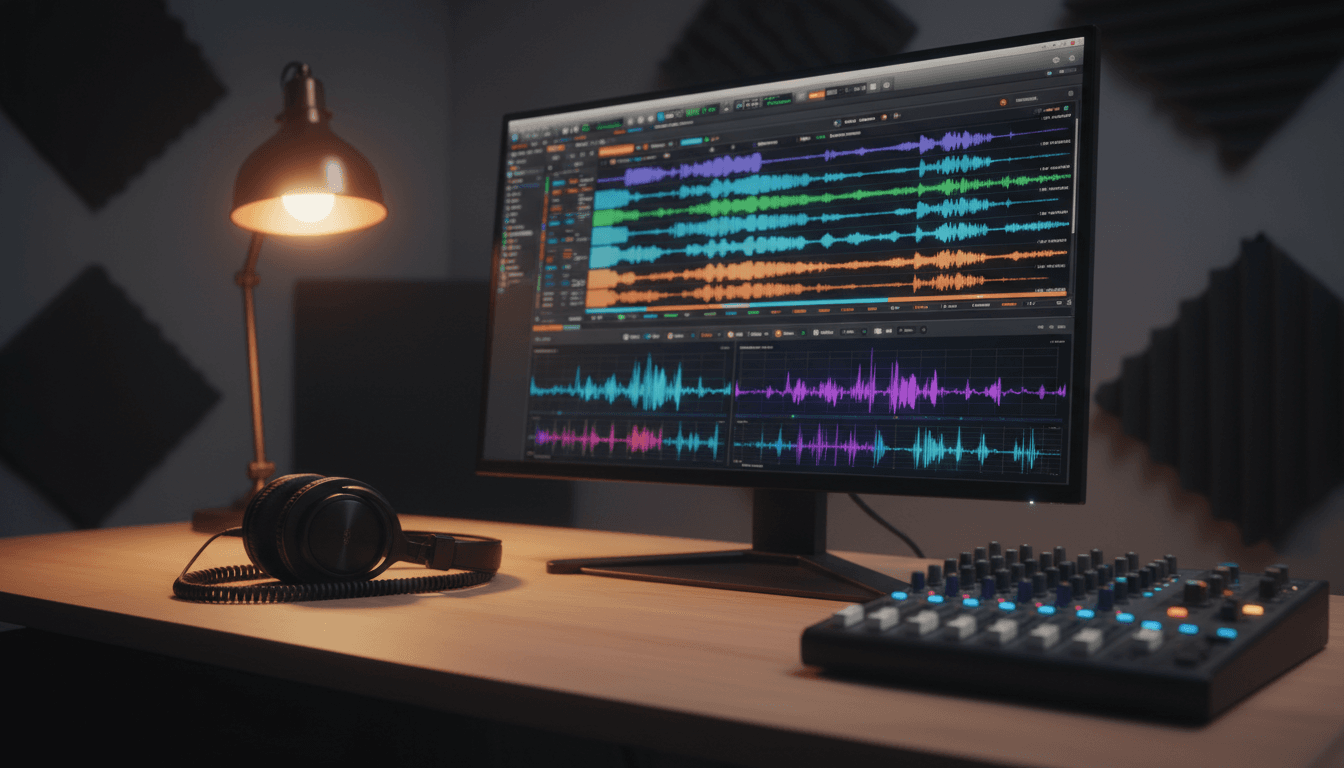 Professional audio production workspace with studio equipment and waveform display