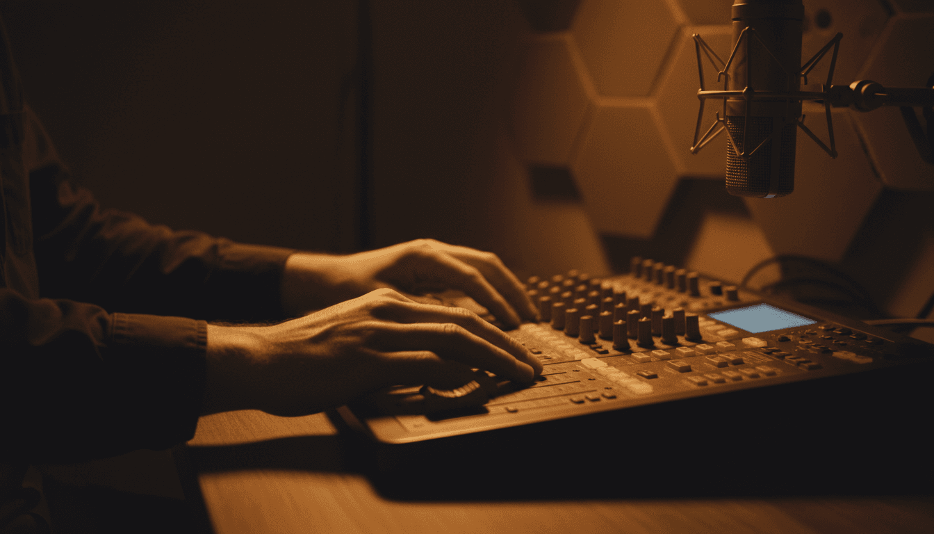 Sound designer working at mixing console in professional studio