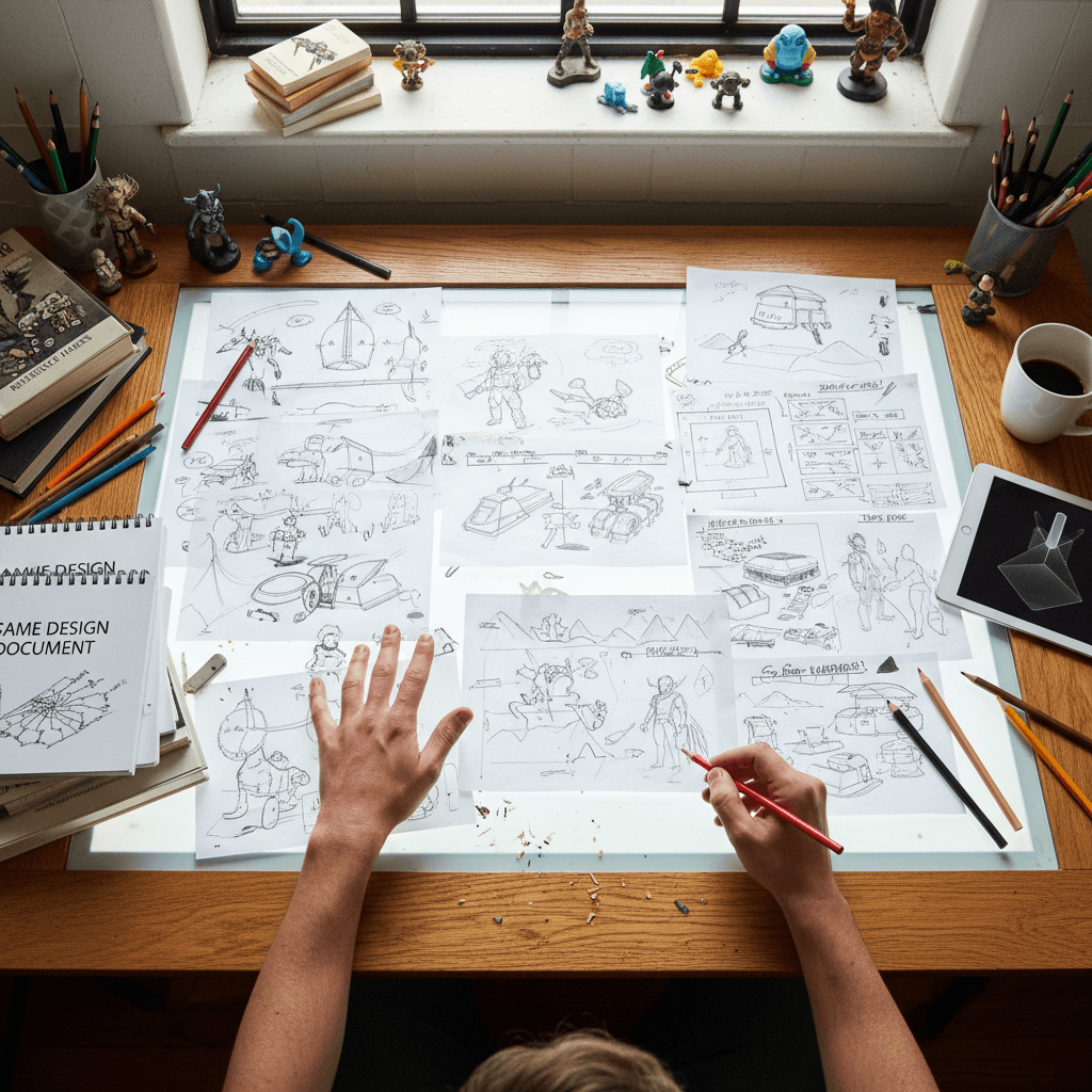 Game designer sketching and developing game concept art