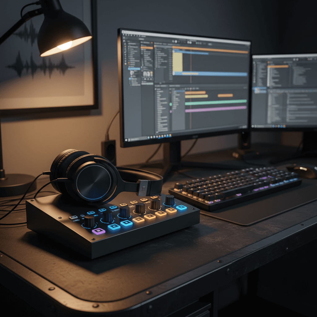 Audio equipment and gaming gear in creative workspace